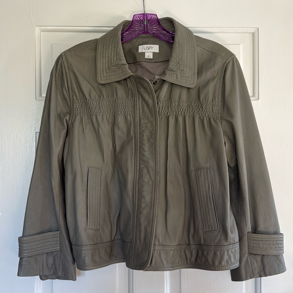 LOFT gray cropped leather jacket, 3/4 sleeve, size 6